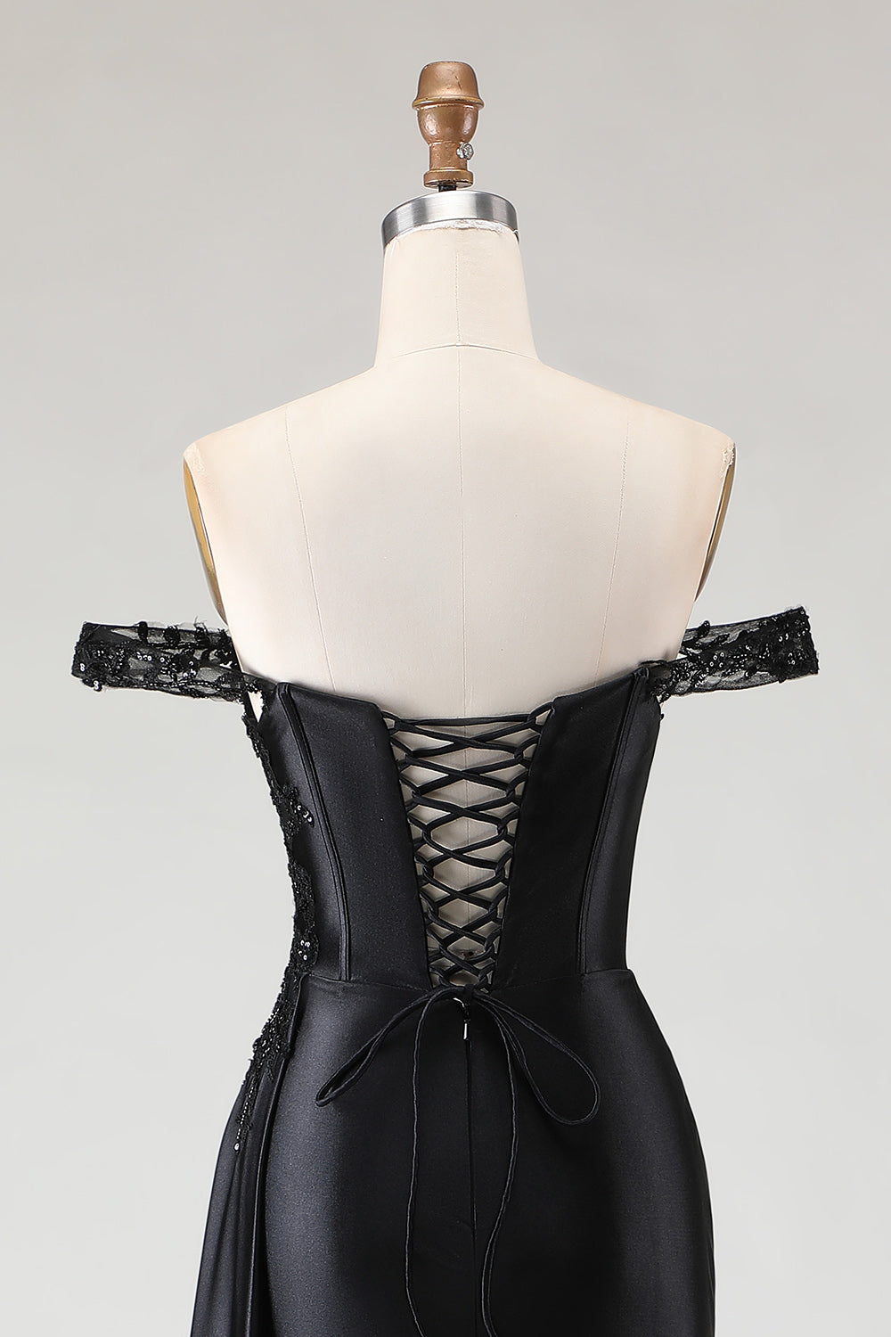 Sparkly Black Mermaid Off the Shoulder Long Satin Prom Dress with Slit