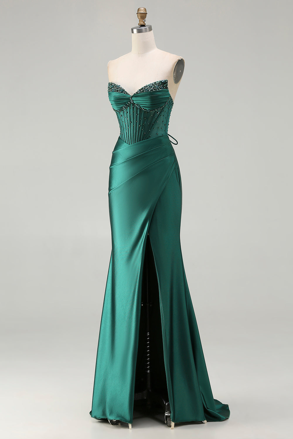 Sparkly Dark Green Satin Strapless Mermaid Long Corset Prom Dress with Slit