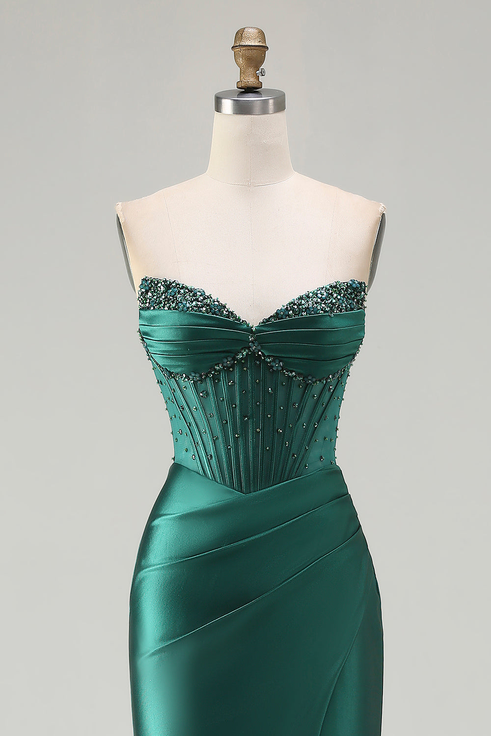 Sparkly Dark Green Satin Strapless Mermaid Long Corset Prom Dress with Slit
