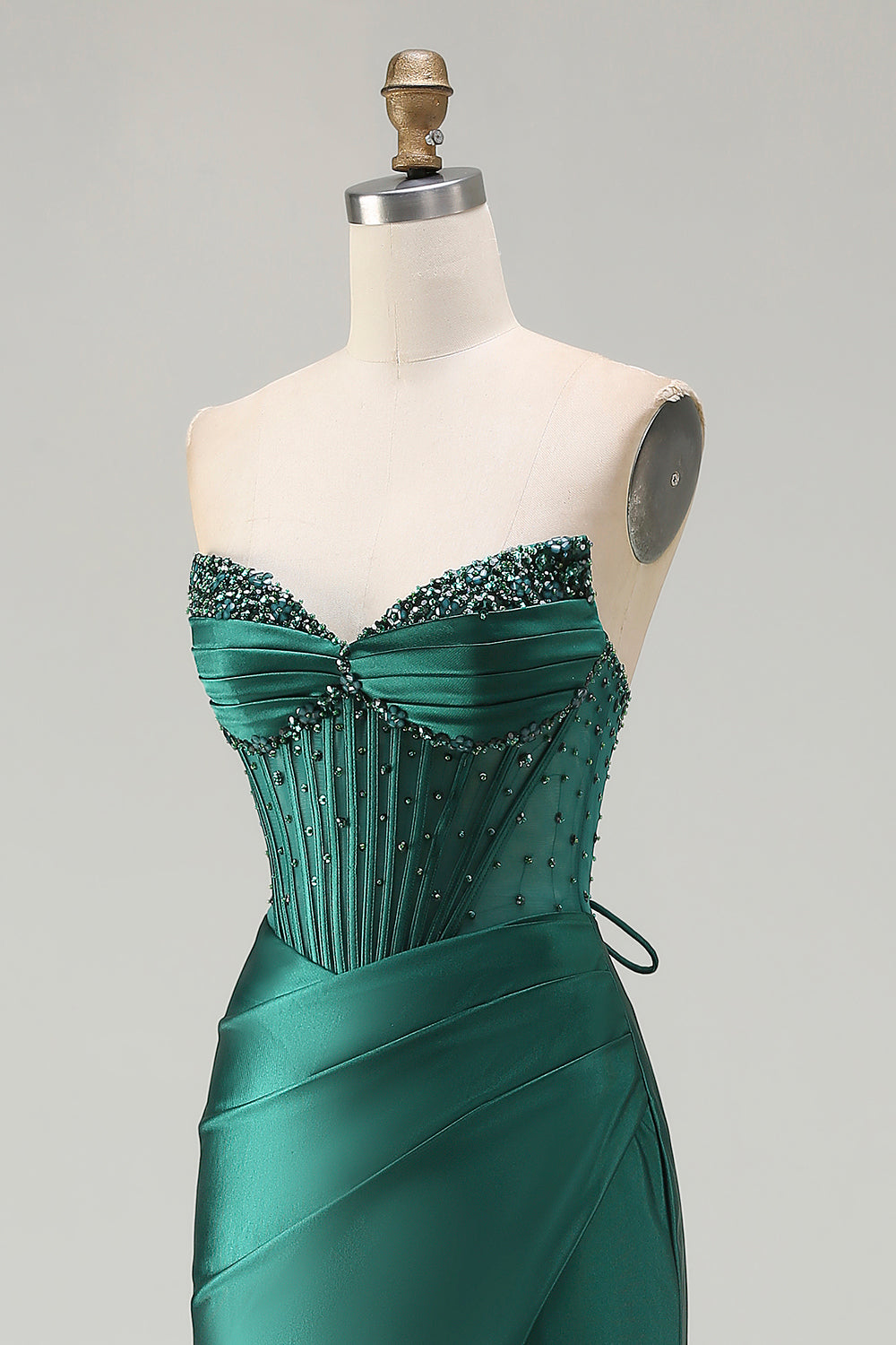 Sparkly Dark Green Satin Strapless Mermaid Long Corset Prom Dress with Slit