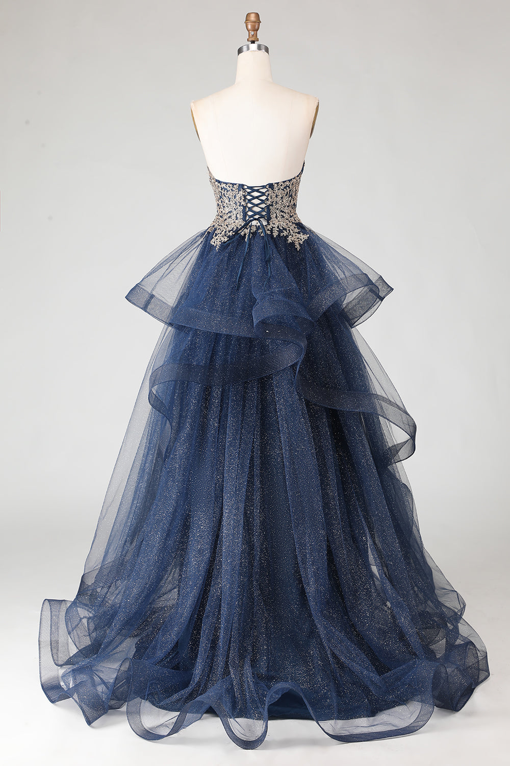 Floral Navy A Line Ball Gown Tiered Long Prom Dress with Appliques