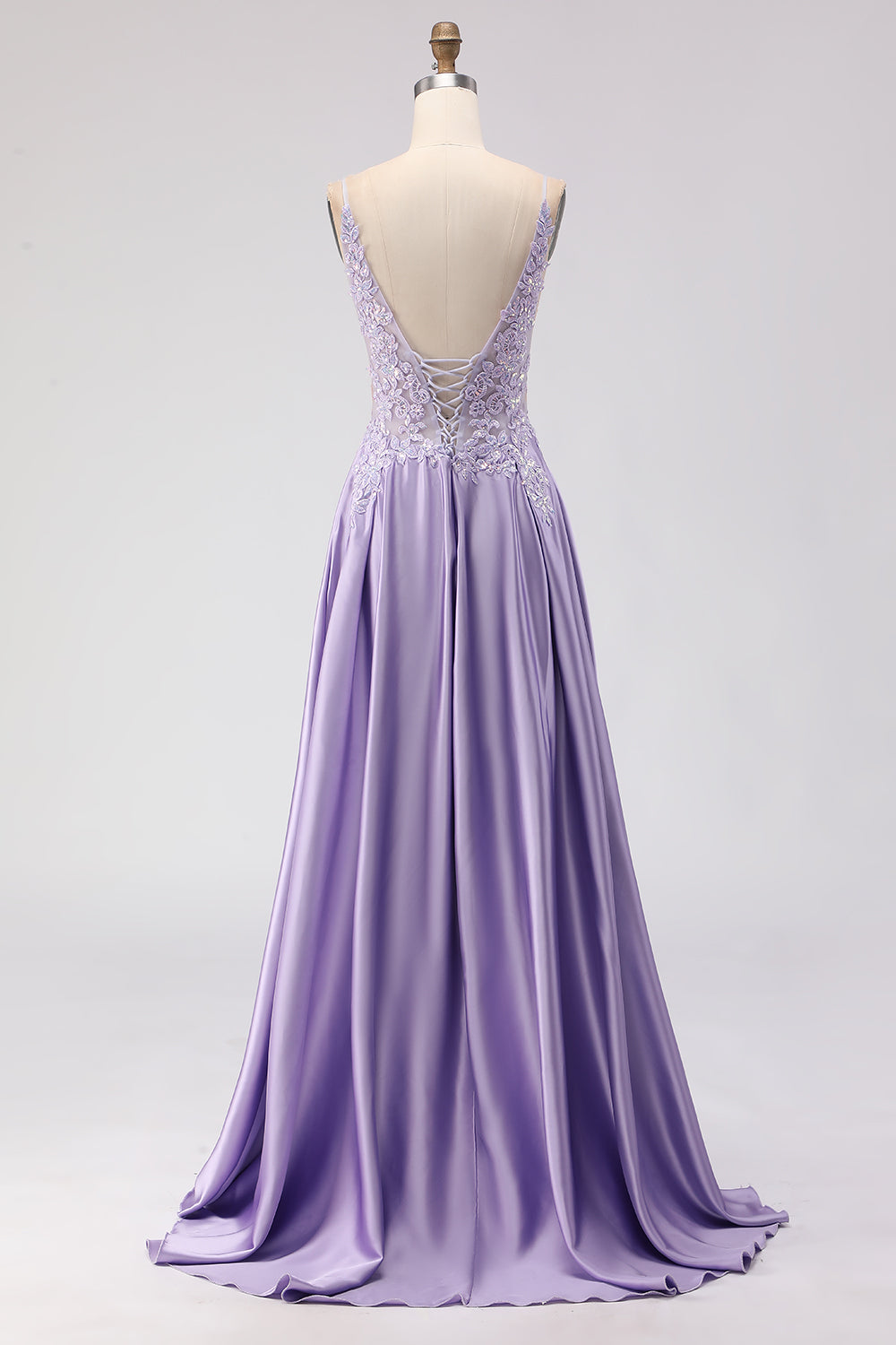 Sparkly Purple A Line Appliqued Long Satin Prom Dress with Slit