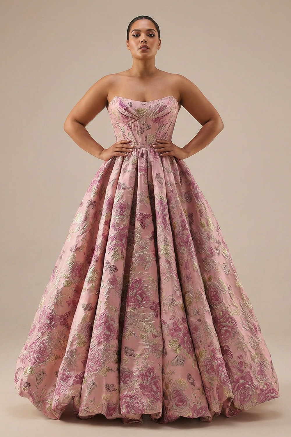 Plus Size Pink Corset A Line Jacquard Strapless Long Floral Prom Dress