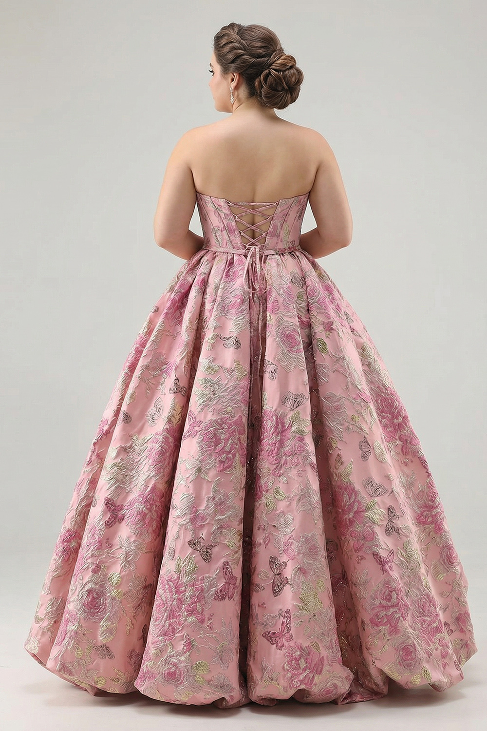 Floral Pink Corset A Line Strapless Long Jacquard Prom Dress