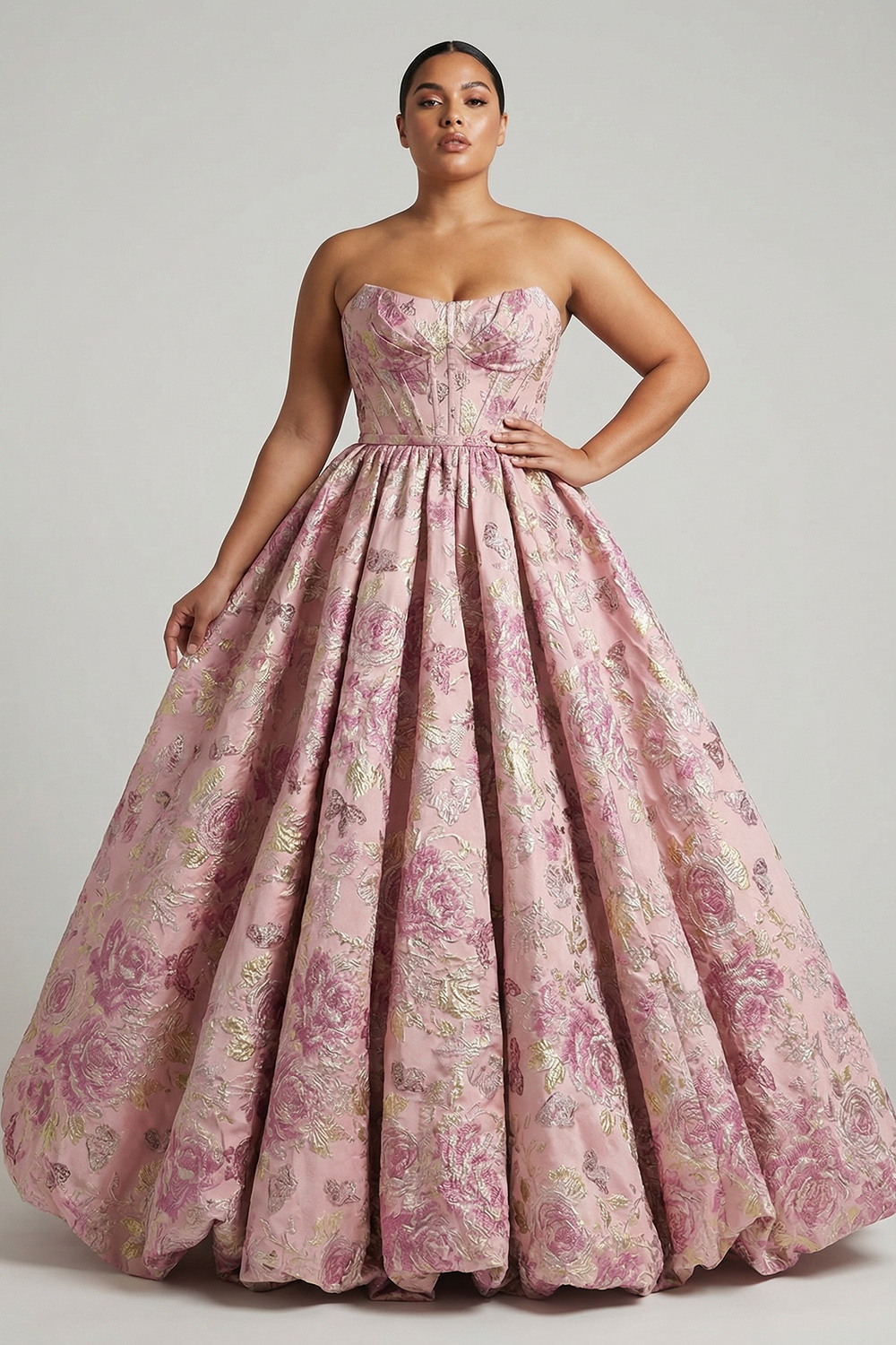 Floral Pink Corset A Line Strapless Long Jacquard Prom Dress