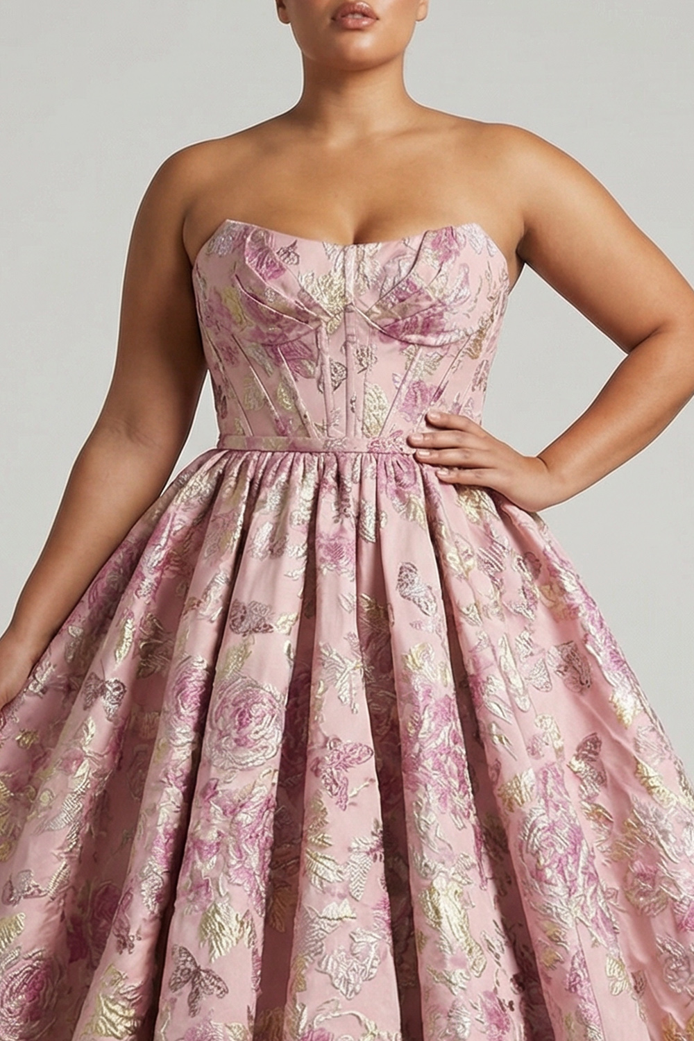 Plus Size Pink Corset A Line Jacquard Strapless Long Floral Prom Dress