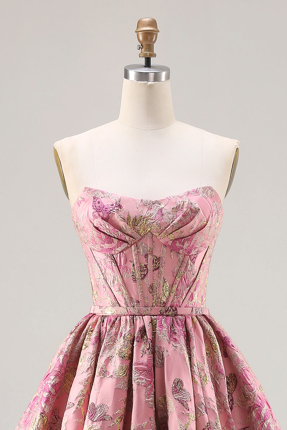 Floral Pink Corset A Line Strapless Long Jacquard Prom Dress