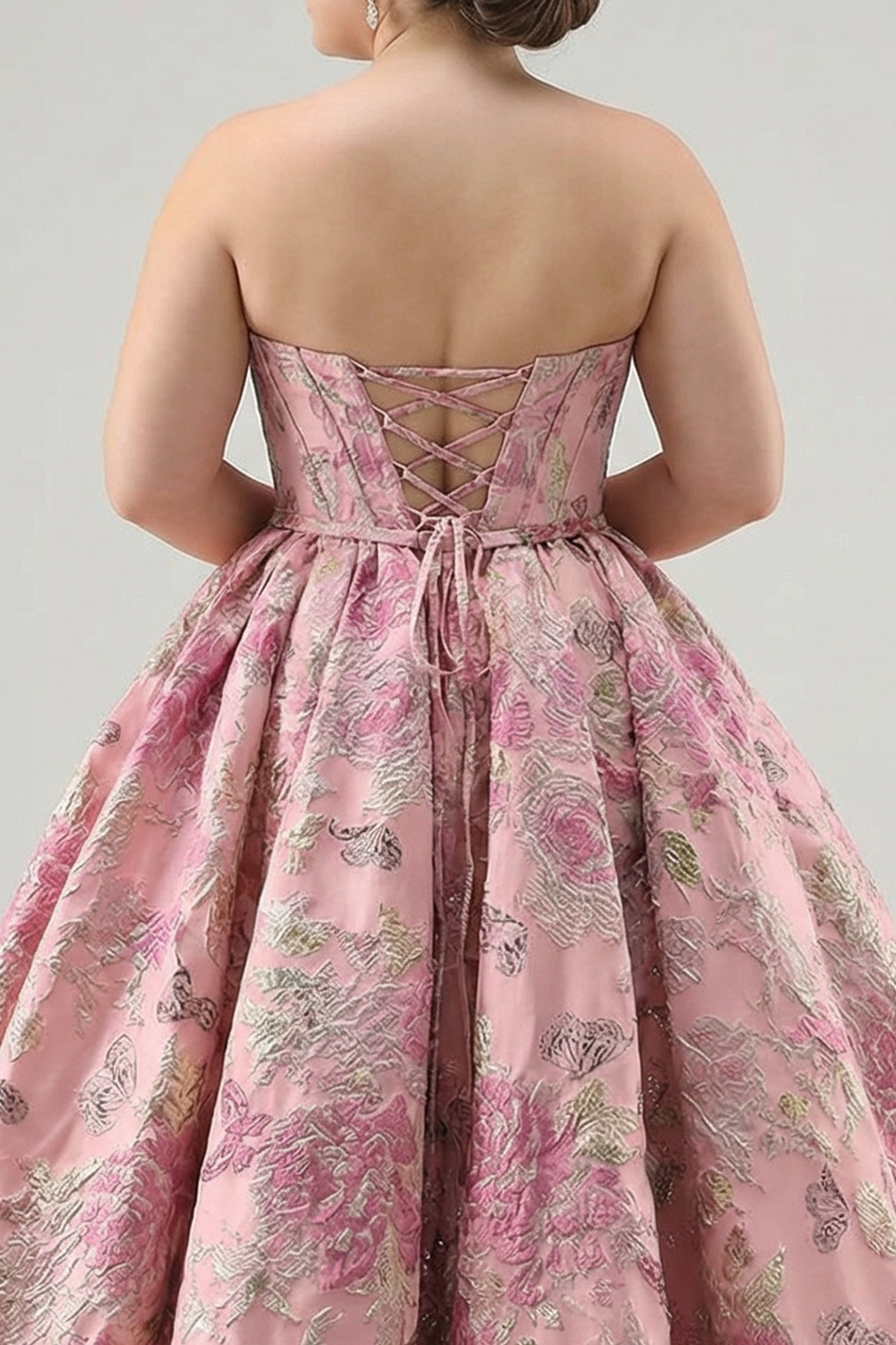 Plus Size Pink Corset A Line Jacquard Strapless Long Floral Prom Dress