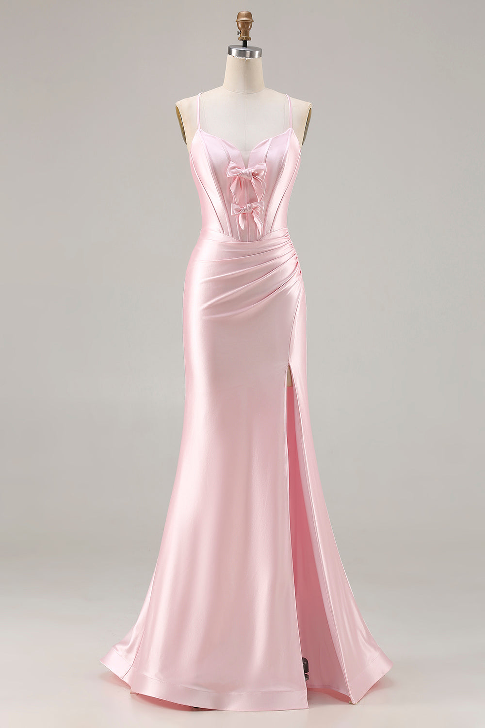 Sparkly Pink Mermaid Ruched Corset Long Satin Prom Dress with Bows