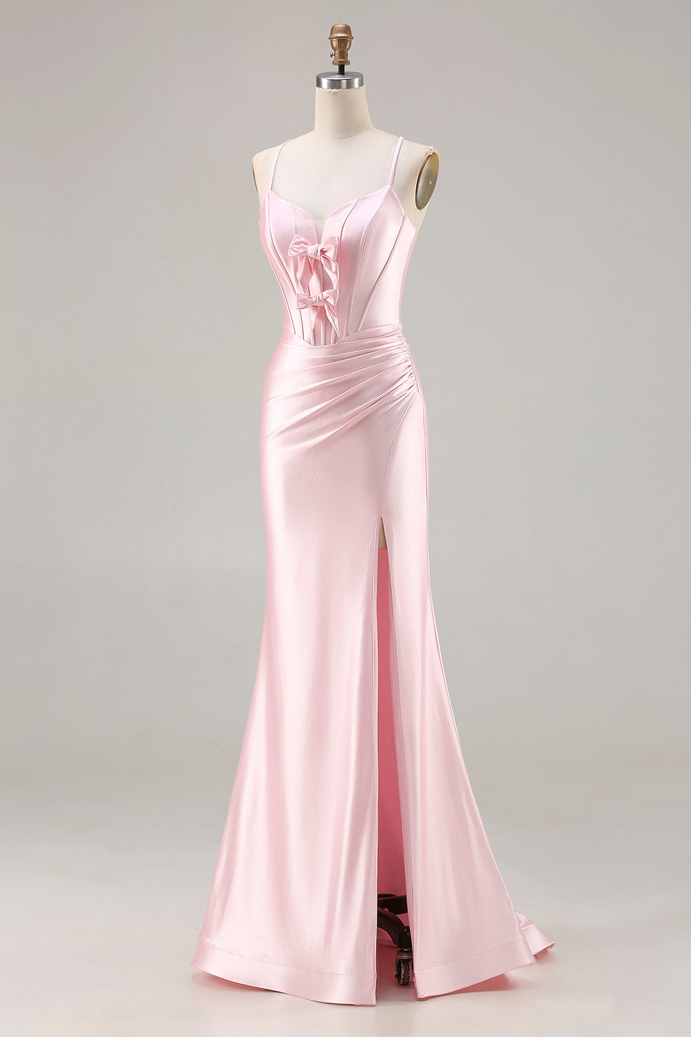 Sparkly Pink Mermaid Ruched Corset Long Satin Prom Dress with Bows