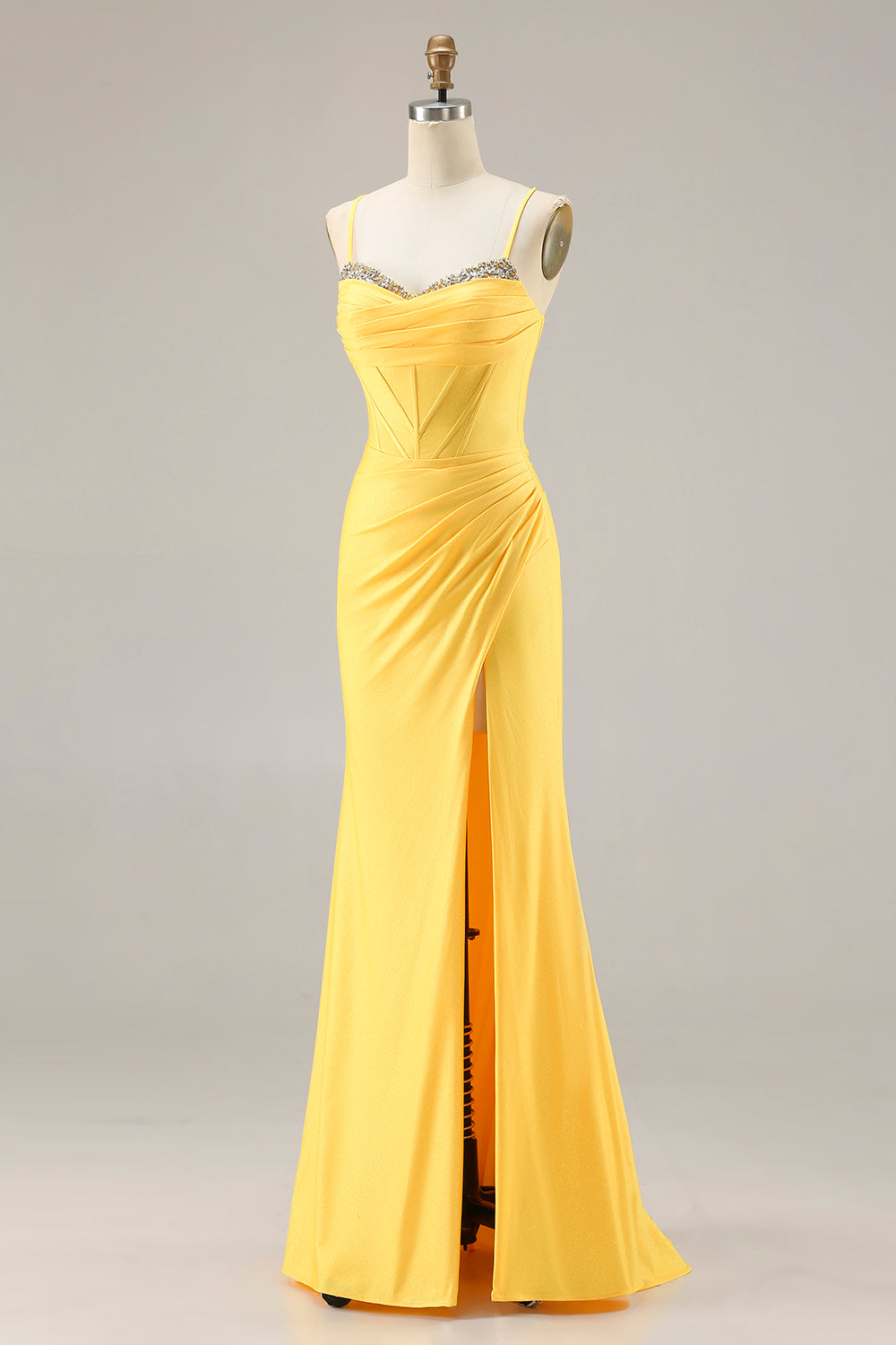 Sparkly Yellow Ruched Corset Long Mermaid Prom Dress with Beading