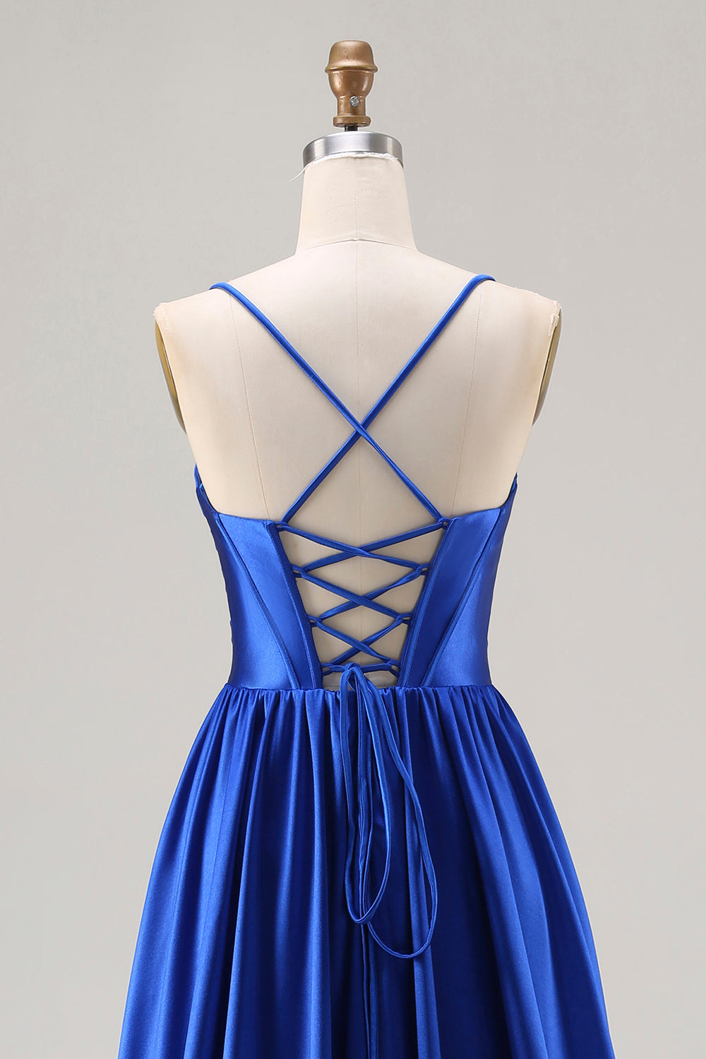 Royal Blue A Line Spaghetti Straps Long Satin Prom Dress with Beading