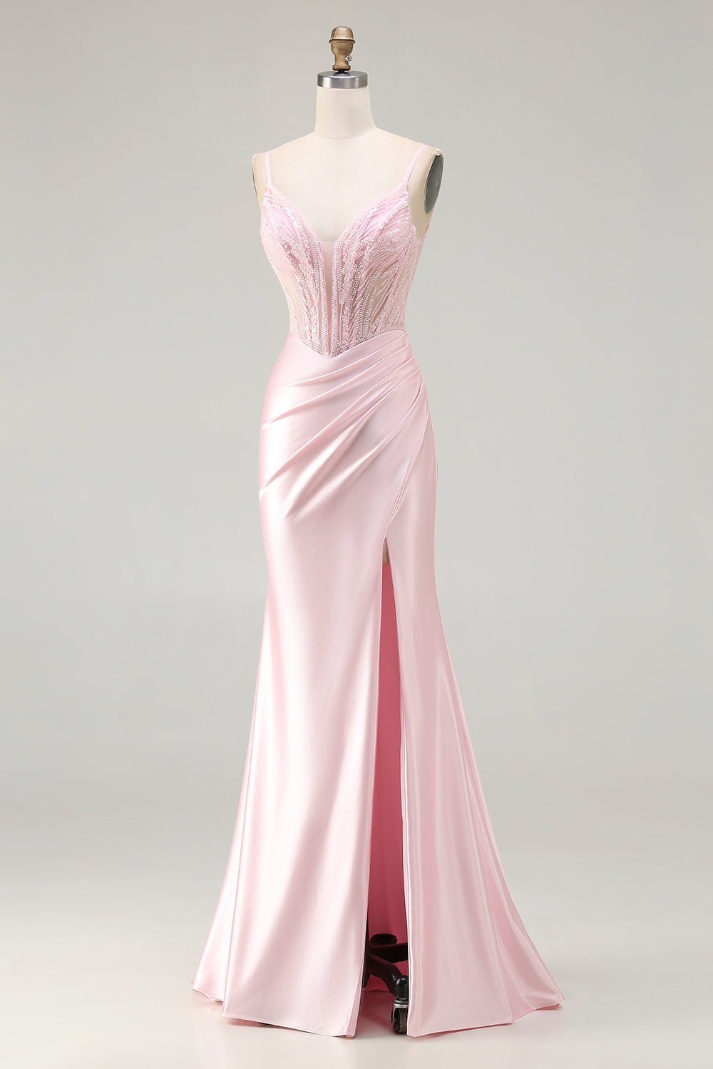 Sparkly Pink Satin Mermaid Beaded Long Corset Prom Dress with Slit