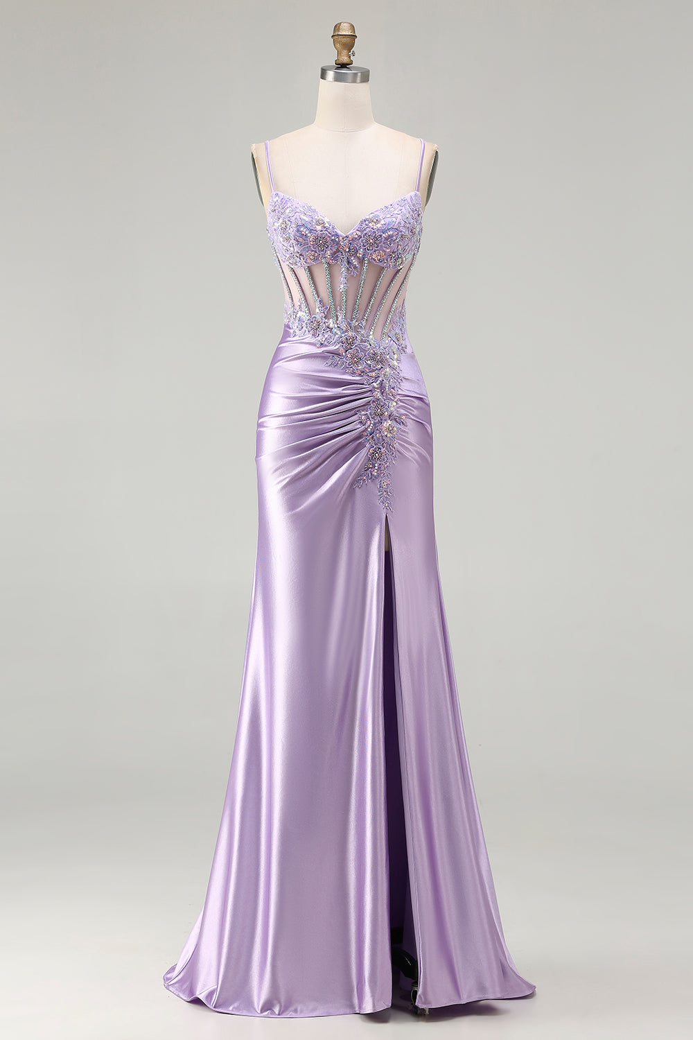 Sparkly Floral Light Purple Sequin Long Corset Prom Dress with Slit