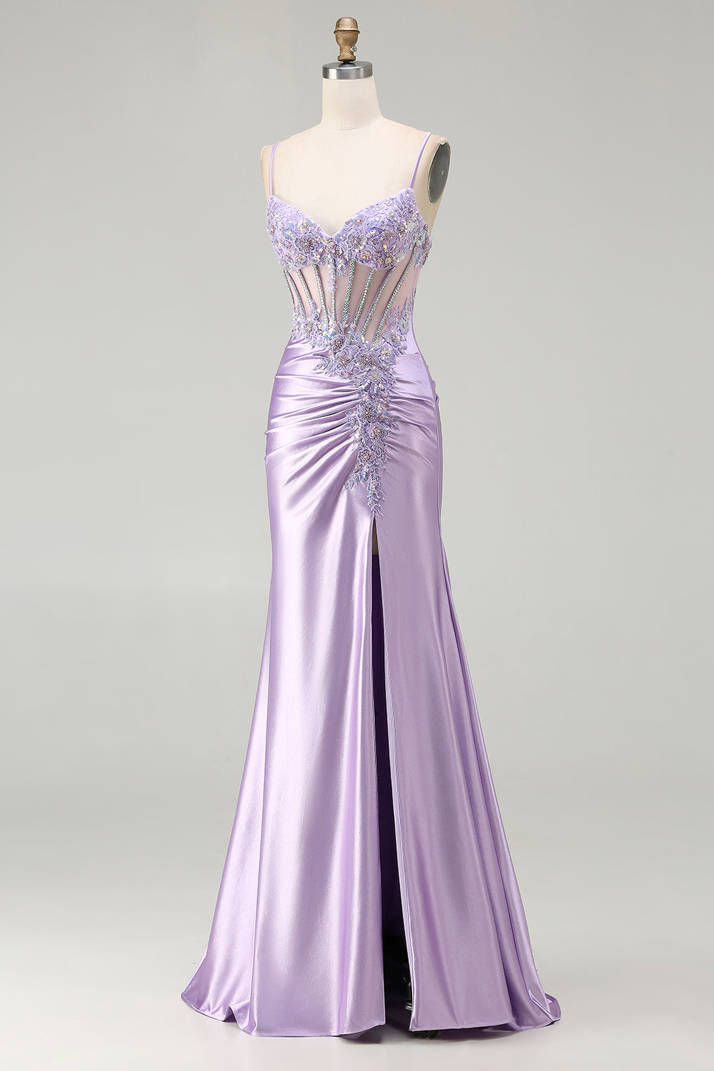Sparkly Floral Light Purple Sequin Long Corset Prom Dress with Slit