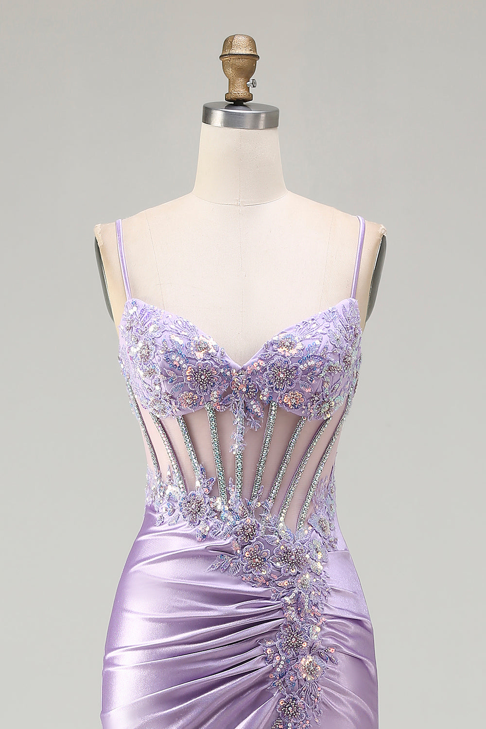 Sparkly Floral Light Purple Sequin Long Corset Prom Dress with Slit