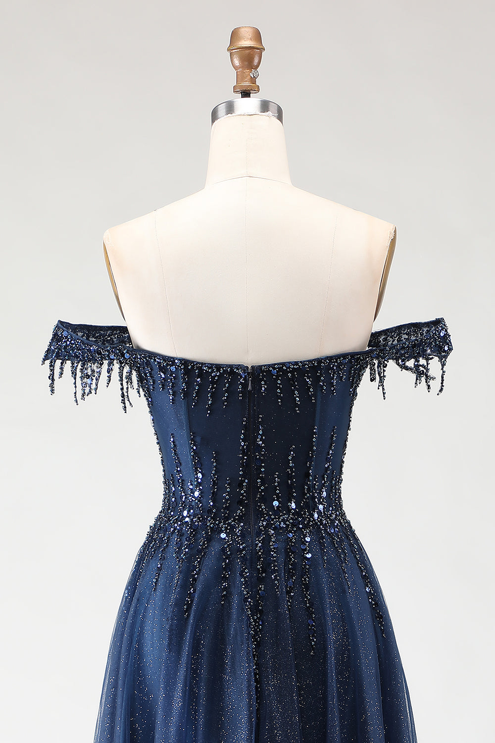 Sparkly Navy Tulle A-Line Long Corset Prom Dress with Beading