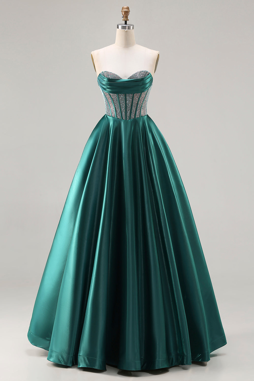 Sparkly Dark Green Satin Strapless Beaded Long Corset Prom Dress