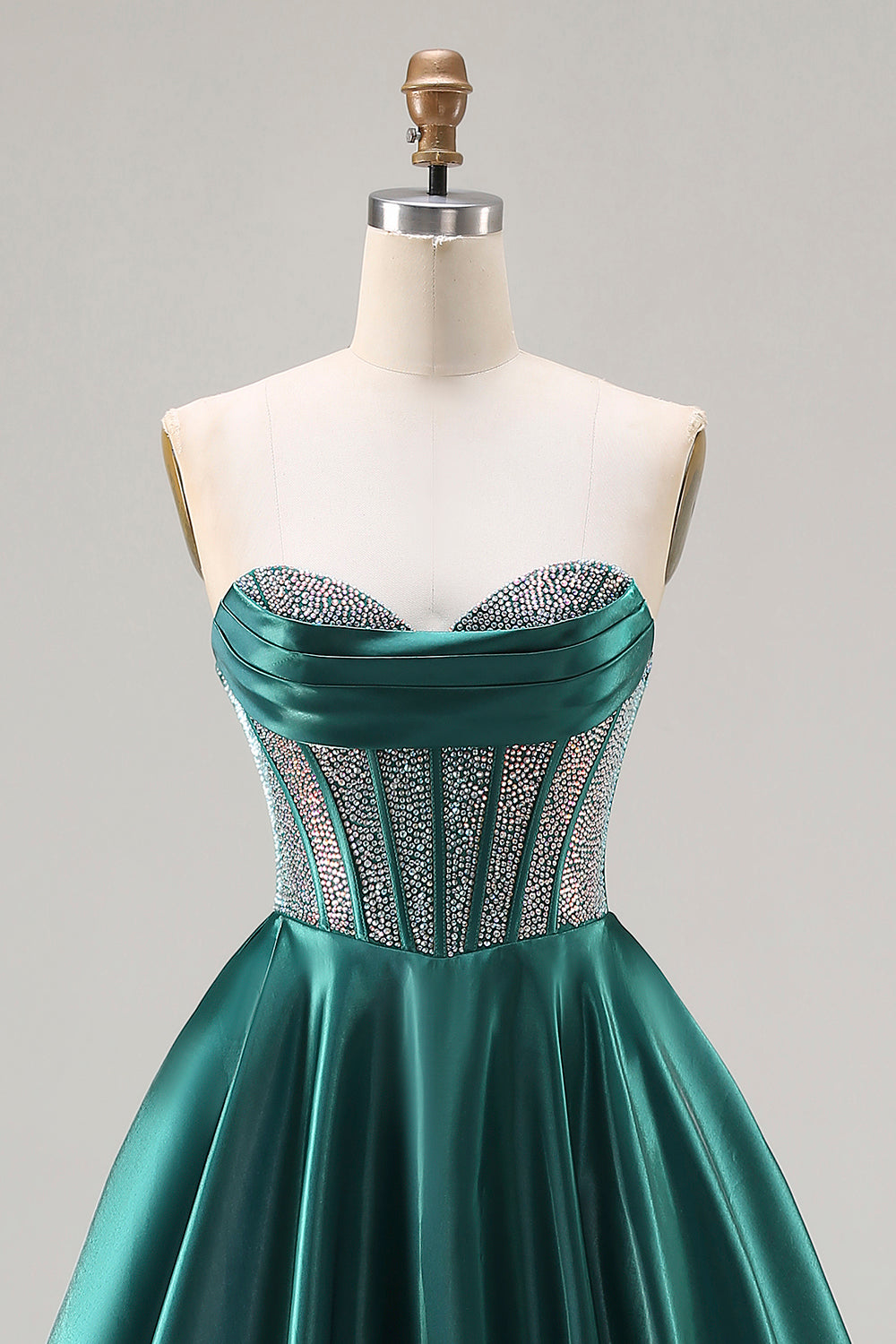 Sparkly Dark Green Satin Strapless Beaded Long Corset Prom Dress