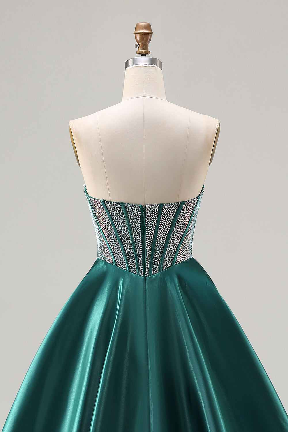 Sparkly Dark Green Satin Strapless Beaded Long Corset Prom Dress