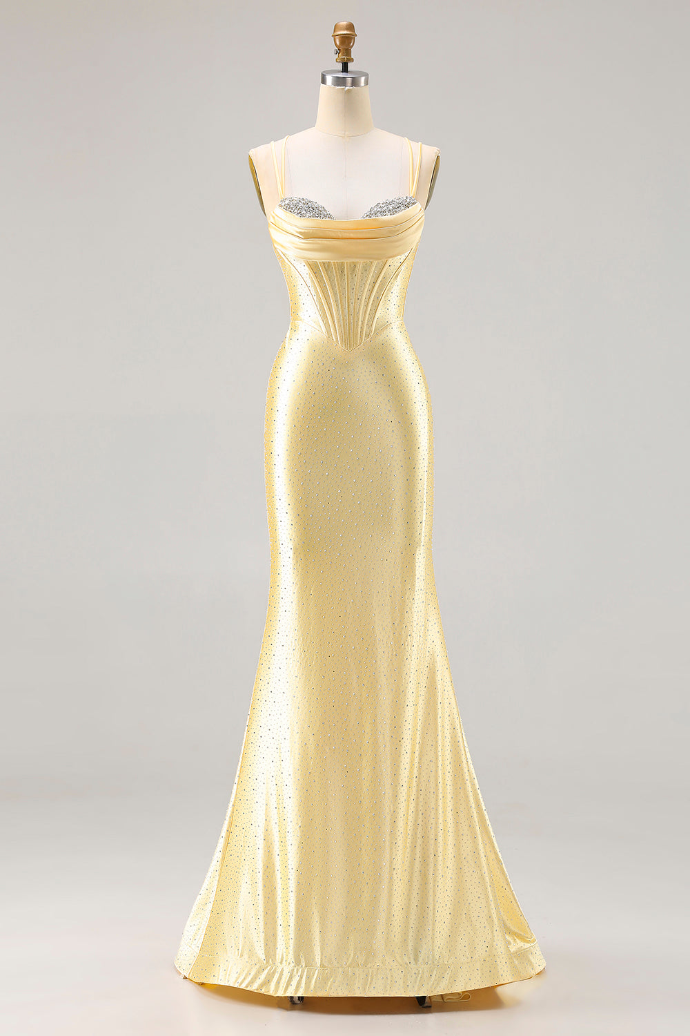Unique Light Yellow Corset Mermaid Satin Beaded Long Sparkly Prom Dress