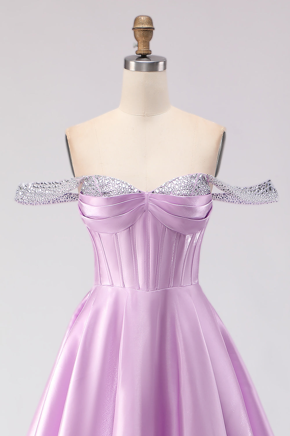 Sparkly Light Purple A Line Satin Long Corset Prom Dress with Beading