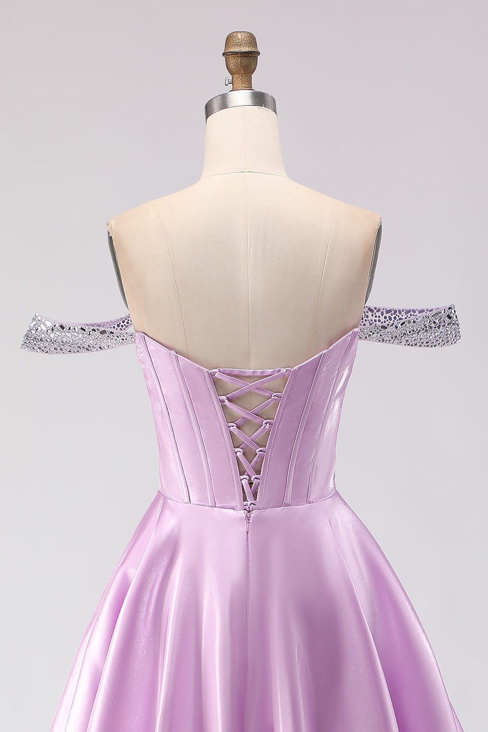 Sparkly Light Purple A Line Satin Long Corset Prom Dress with Beading