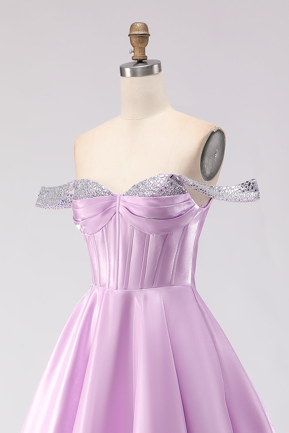 Sparkly Light Purple A Line Satin Long Corset Prom Dress with Beading