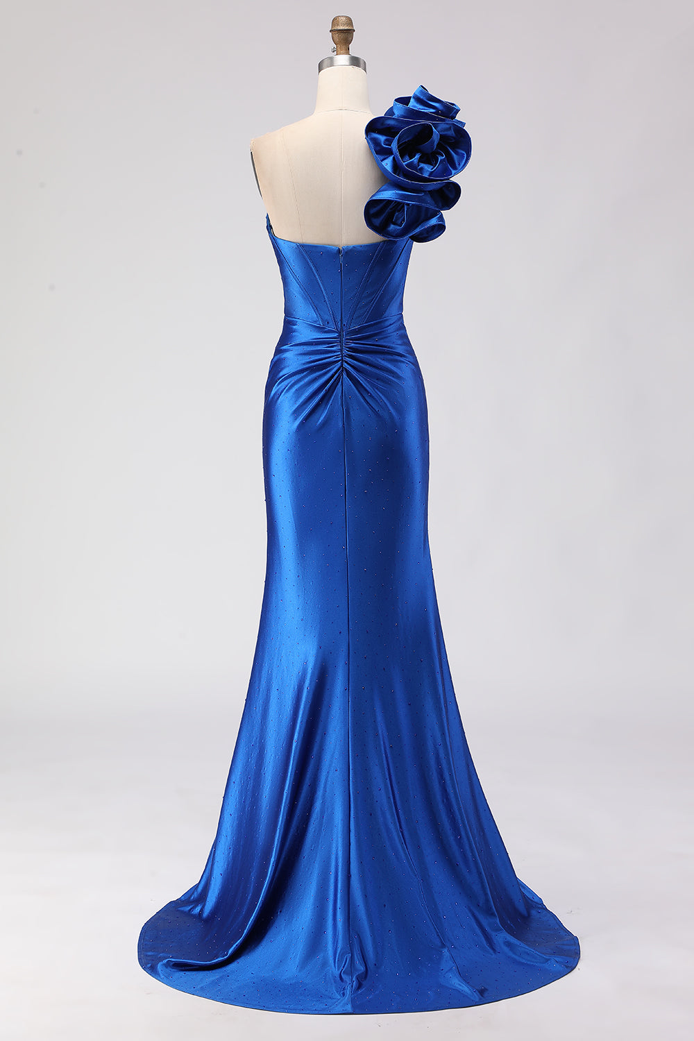 Royal Blue Satin Mermaid One Shoulder Ruffled Long Corset Prom Dress with Slit