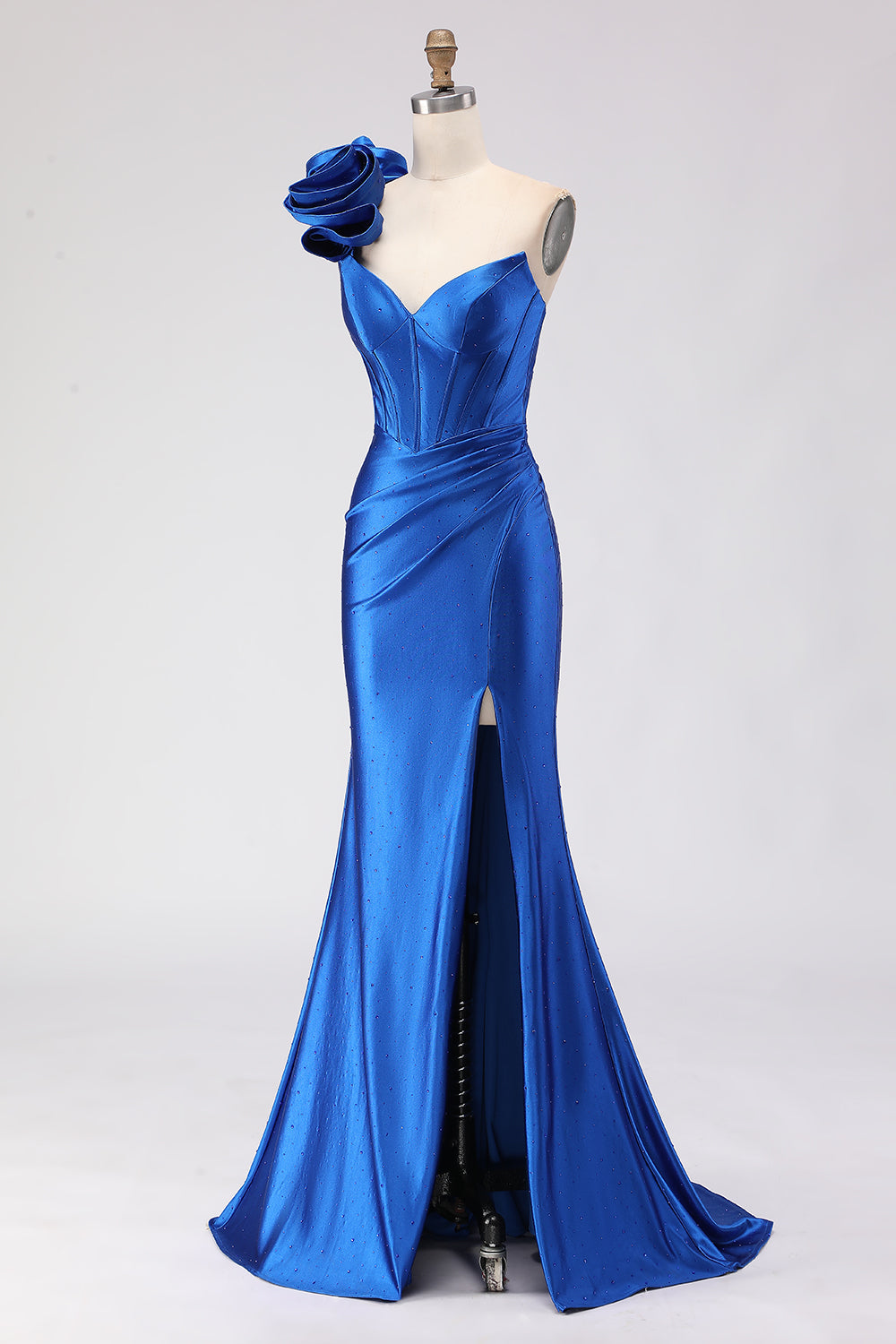 Royal Blue Satin Mermaid One Shoulder Ruffled Long Corset Prom Dress with Slit