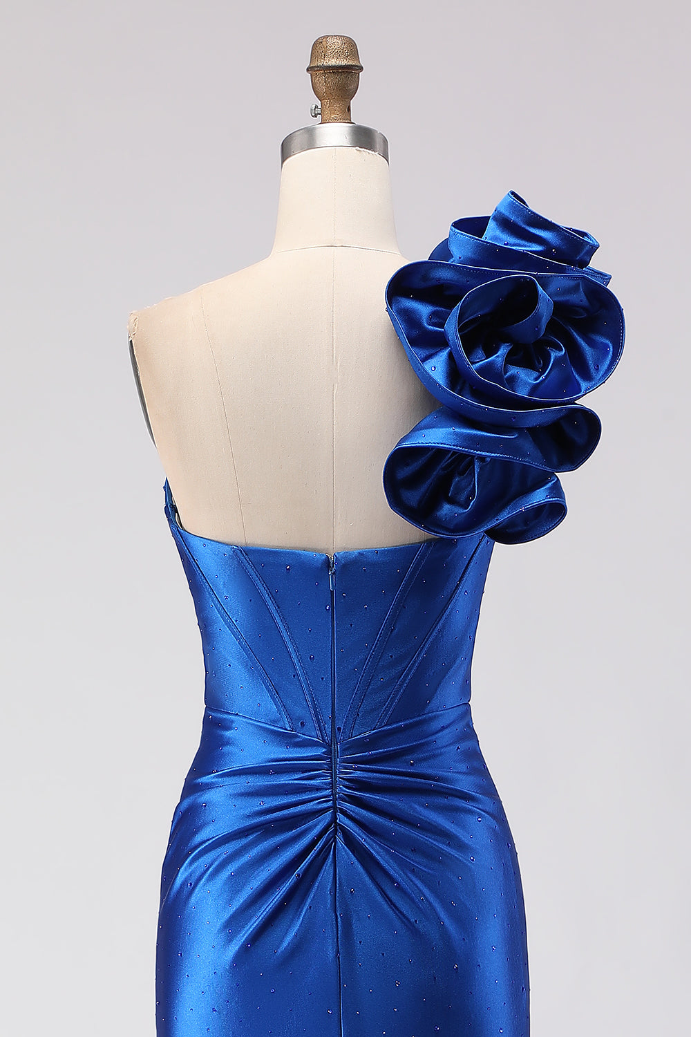 Royal Blue Satin Mermaid One Shoulder Ruffled Long Corset Prom Dress with Slit