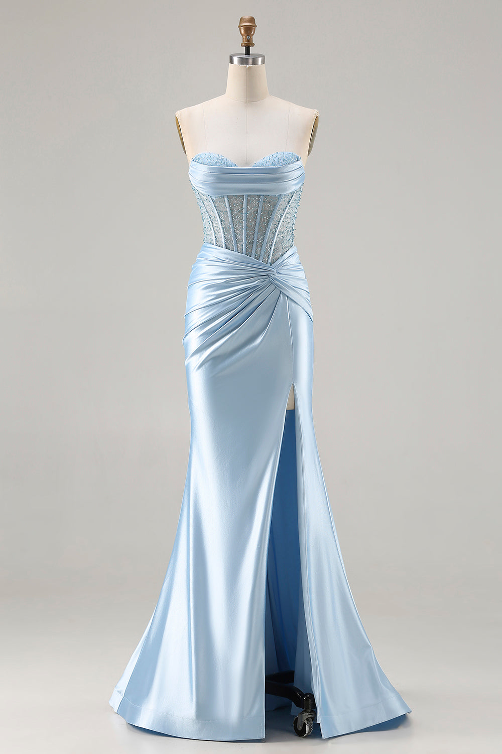Sky Blue Strapless Satin Mermaid Corset Long Sparkly Prom Dress with Slit