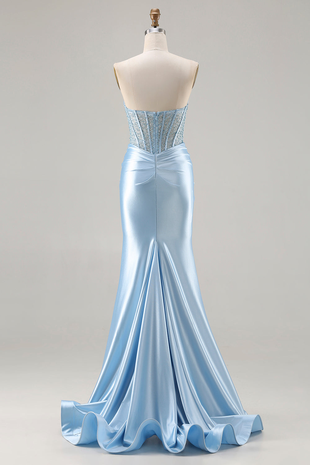 Sky Blue Strapless Satin Mermaid Corset Long Sparkly Prom Dress with Slit