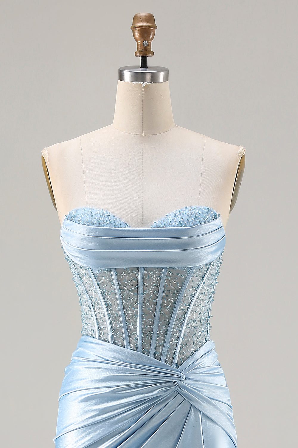 Sky Blue Strapless Satin Mermaid Corset Long Sparkly Prom Dress with Slit