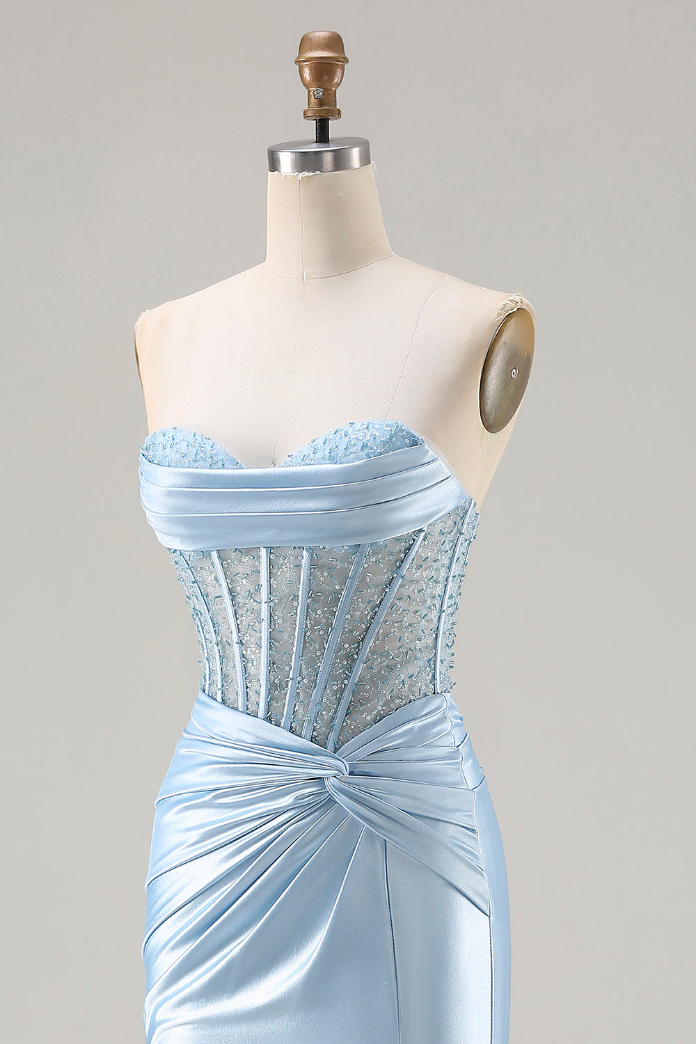 Sky Blue Strapless Satin Mermaid Corset Long Sparkly Prom Dress with Slit