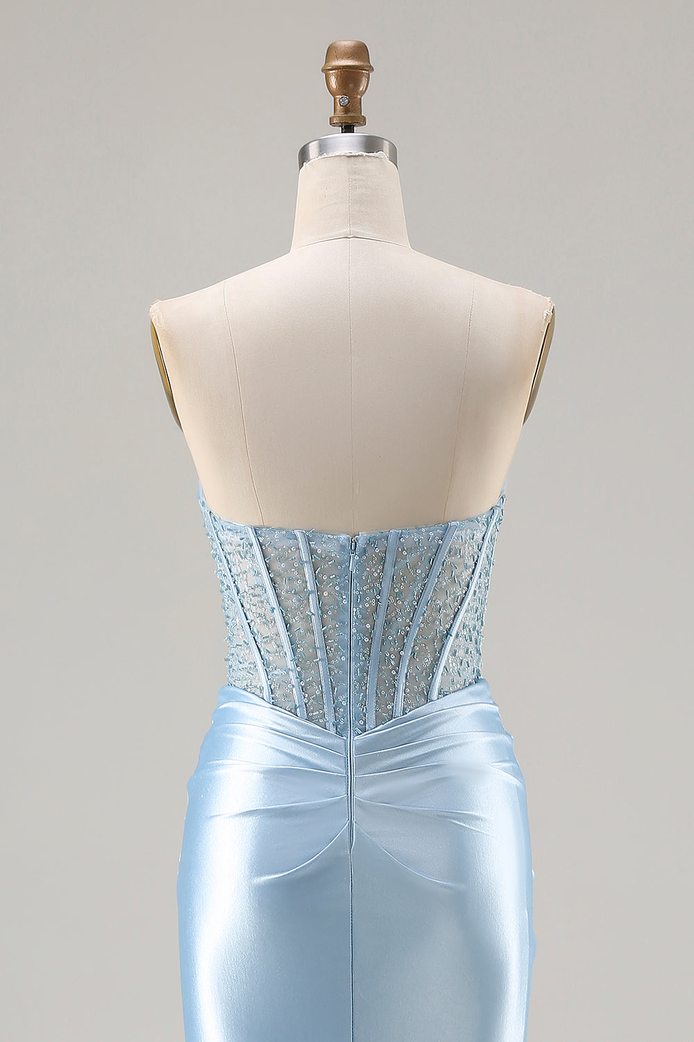 Sky Blue Strapless Satin Mermaid Corset Long Sparkly Prom Dress with Slit