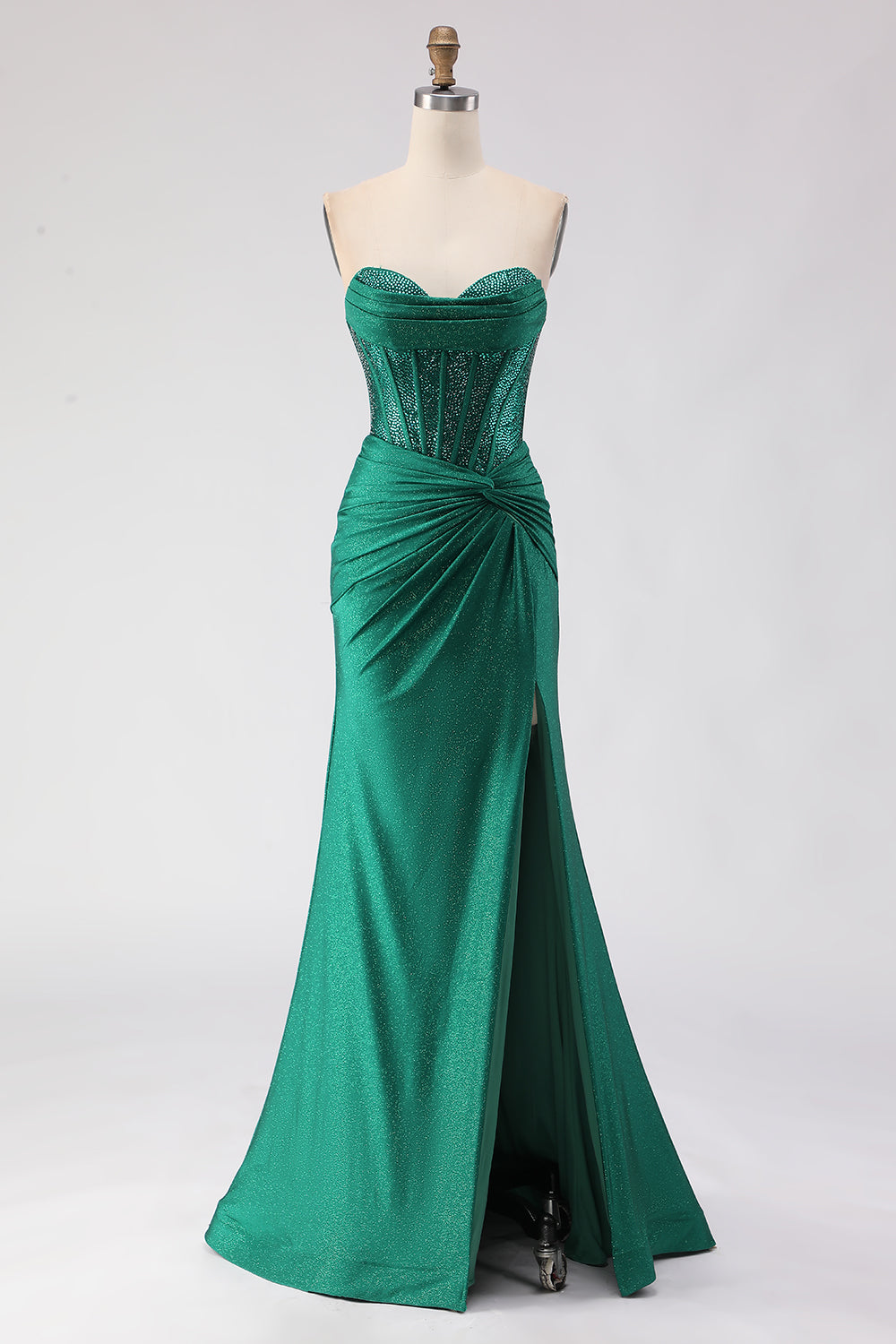 Sparkly Dark Green Strapless Satin Mermaid Long Corset Prom Dress with Slit