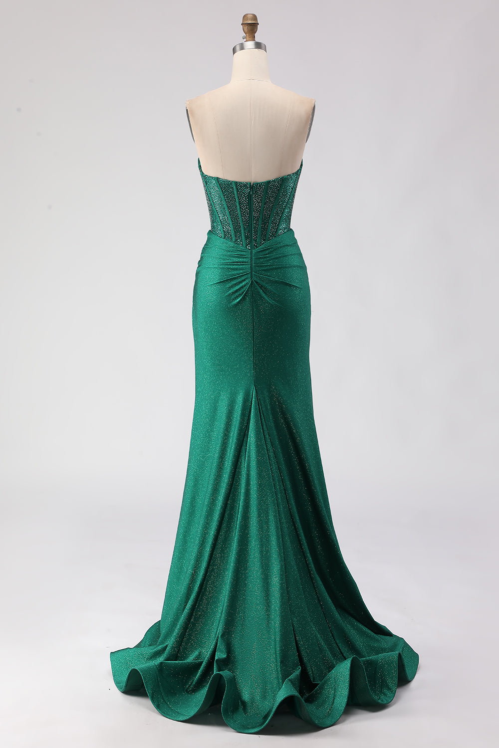 Sparkly Dark Green Strapless Satin Mermaid Long Corset Prom Dress with Slit