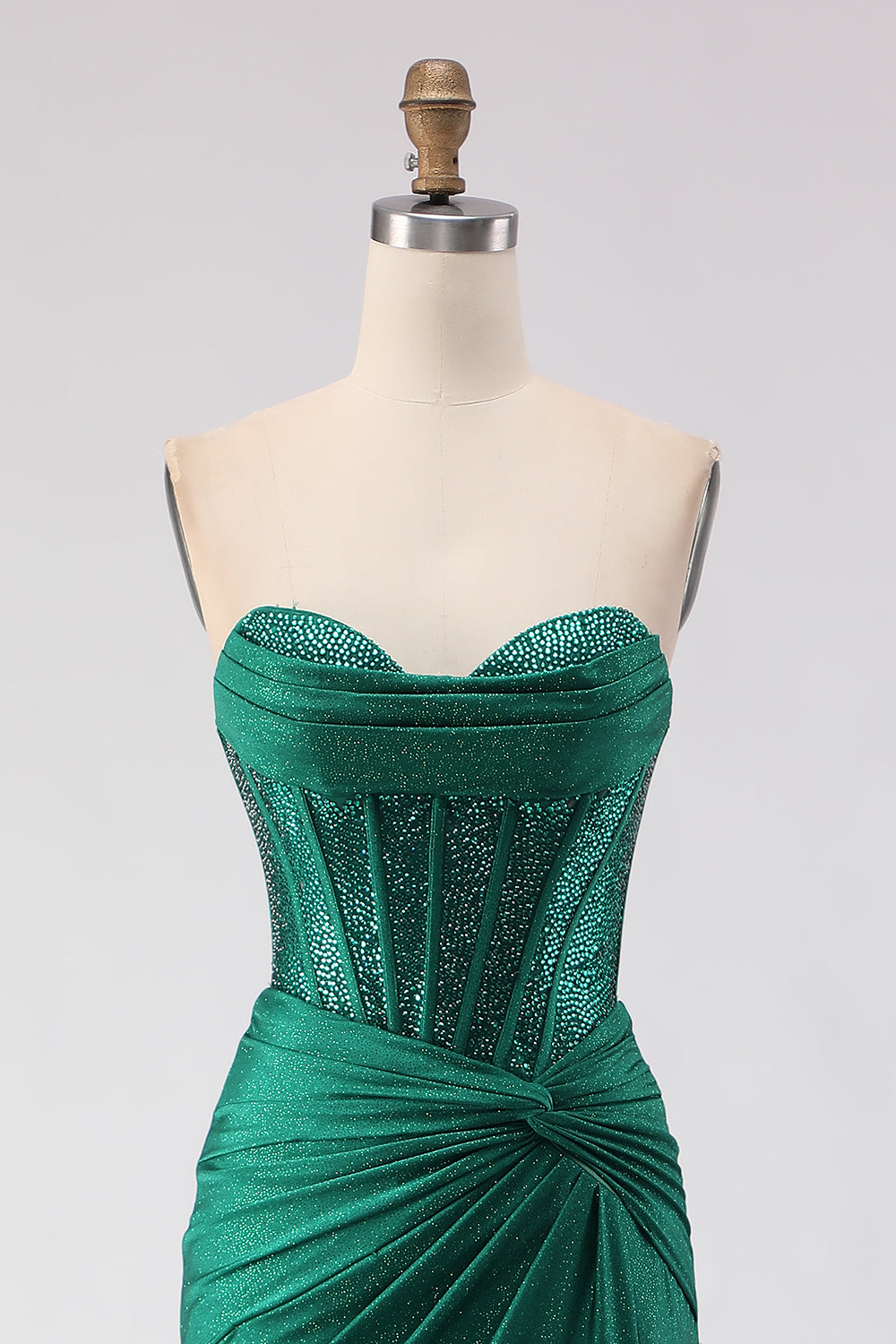 Sparkly Dark Green Strapless Satin Mermaid Long Corset Prom Dress with Slit