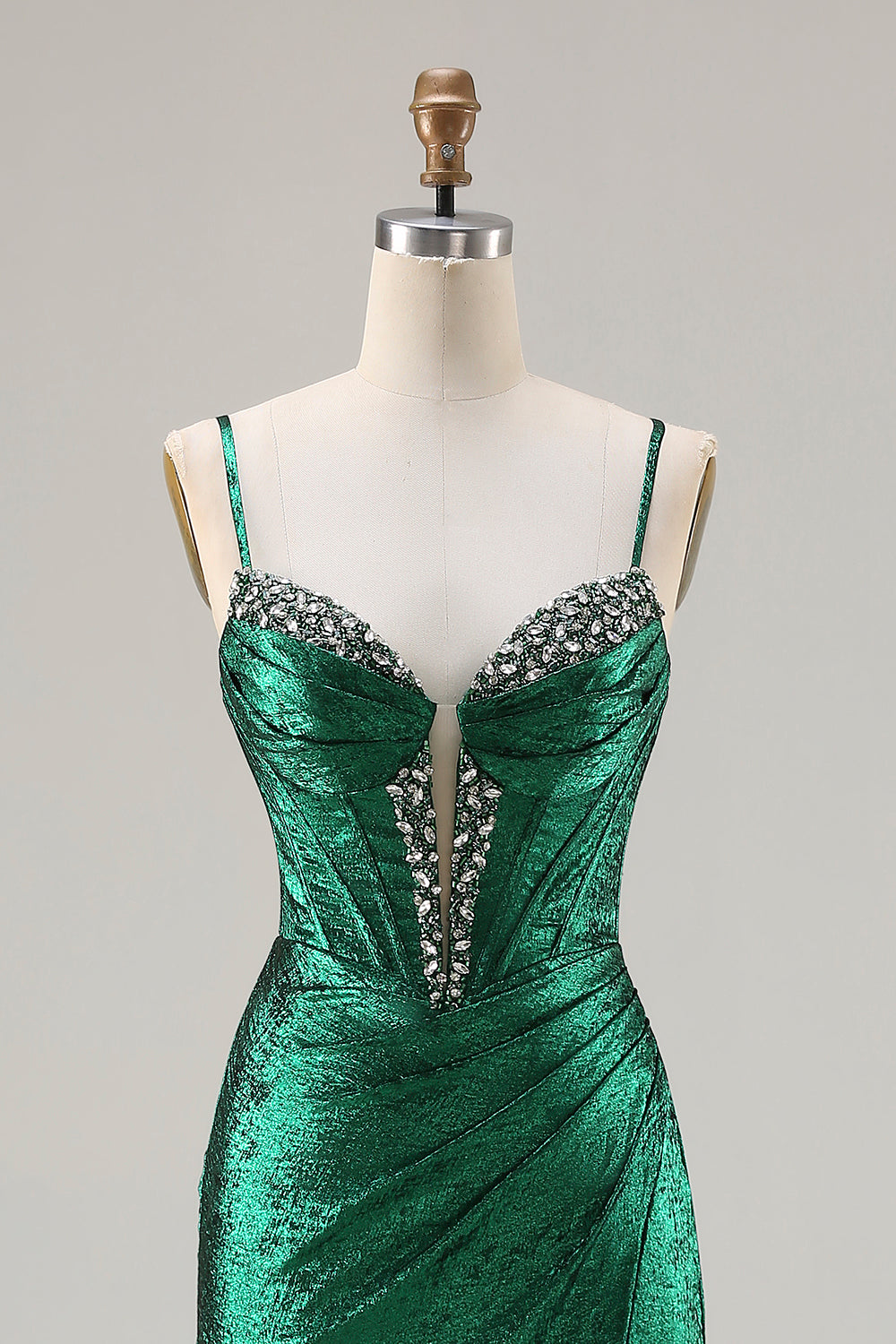 Sparkly Dark Green Beaded Mermaid Satin Long Corset Prom Dress with Slit