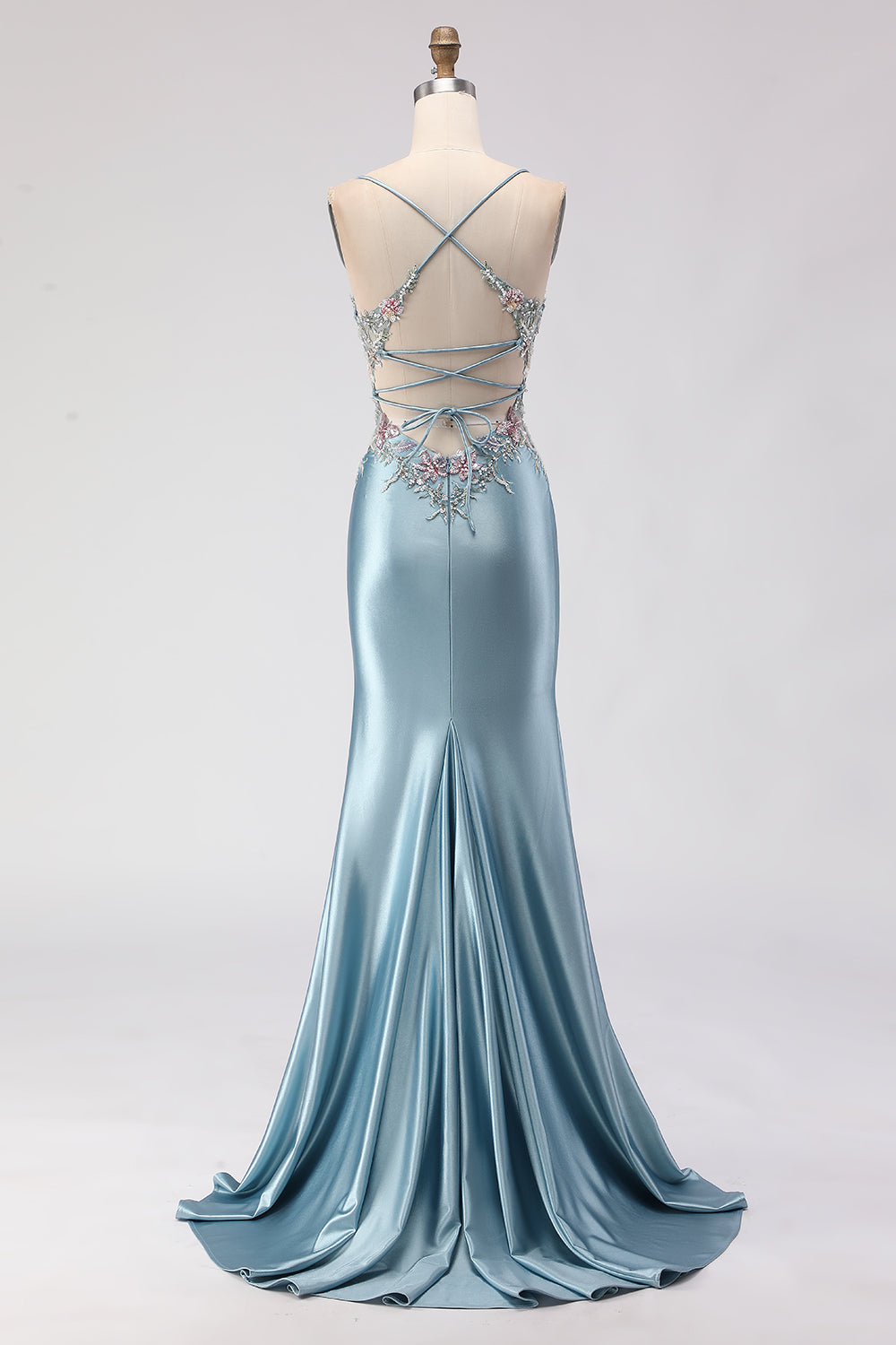 Floral Grey Blue Mermaid Satin Spaghetti Straps Long Corset Prom Dress with Slit
