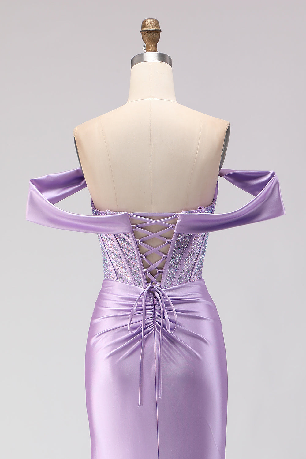 Sparkly Purple Off the Shoulder Satin Mermaid Long Corset Prom Dress with Slit