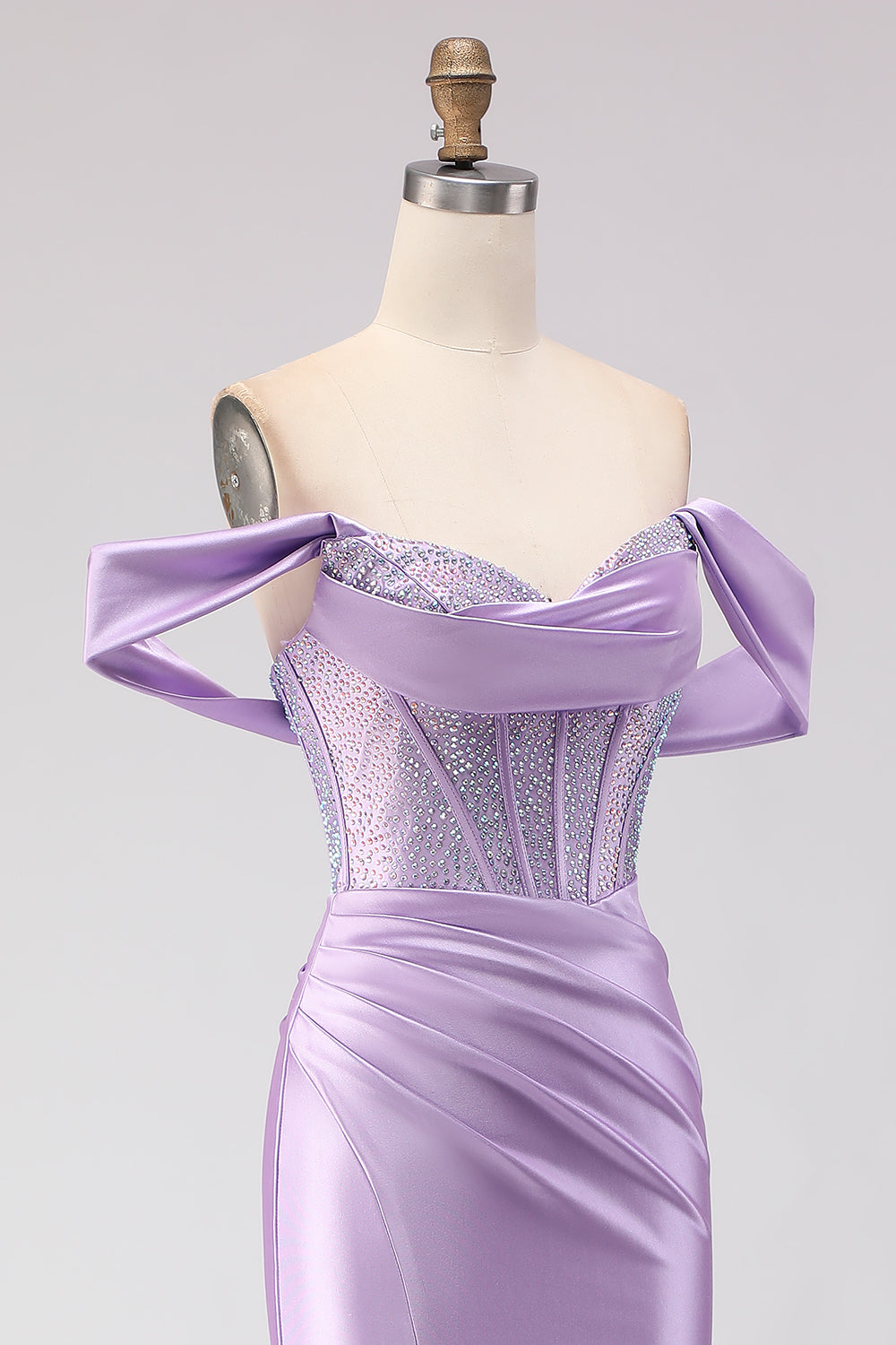 Sparkly Purple Off the Shoulder Satin Mermaid Long Corset Prom Dress with Slit