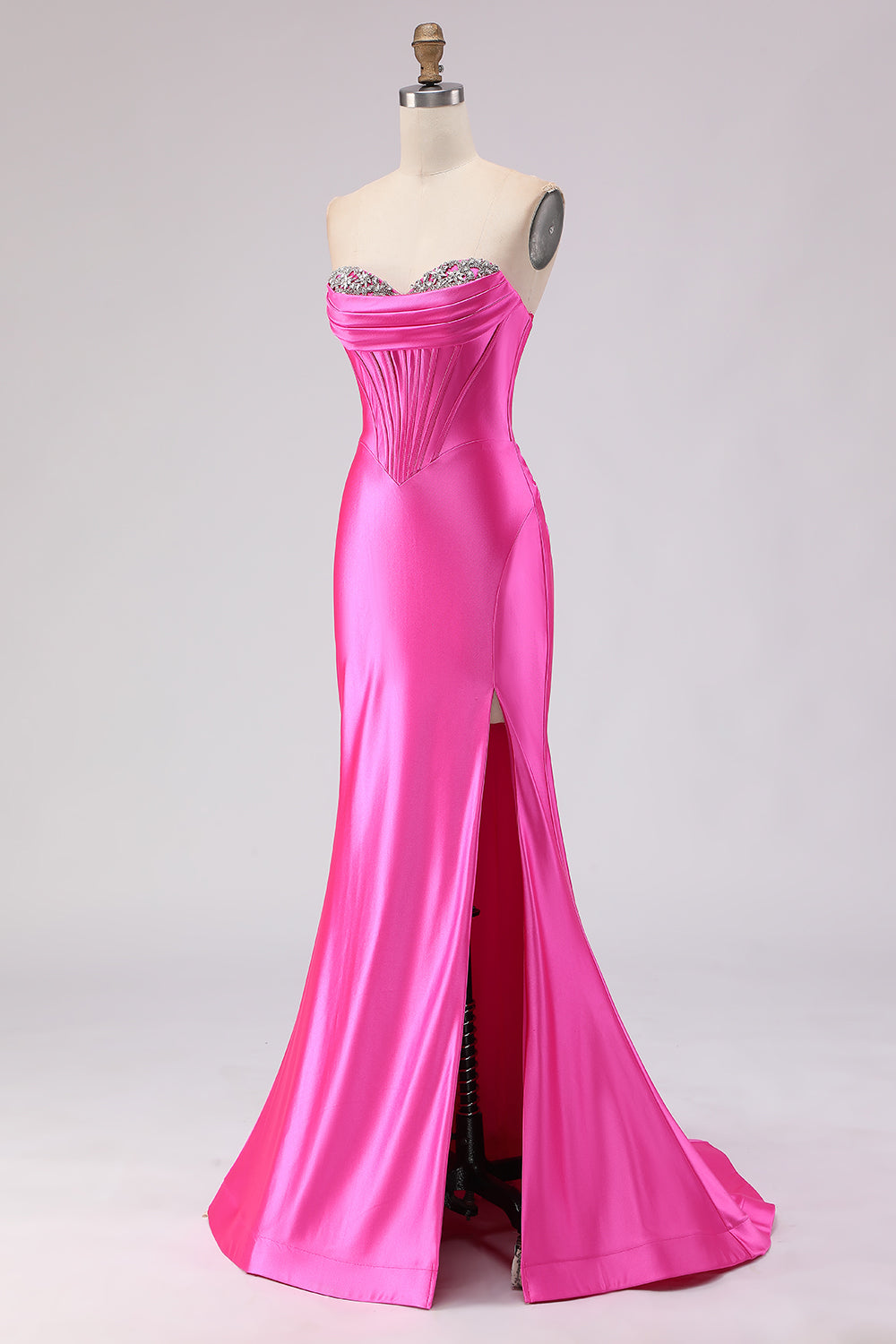 Sparkly Fuchsia Satin Sweetheart Lace-Up Back Long Corset Prom Dress with Slit