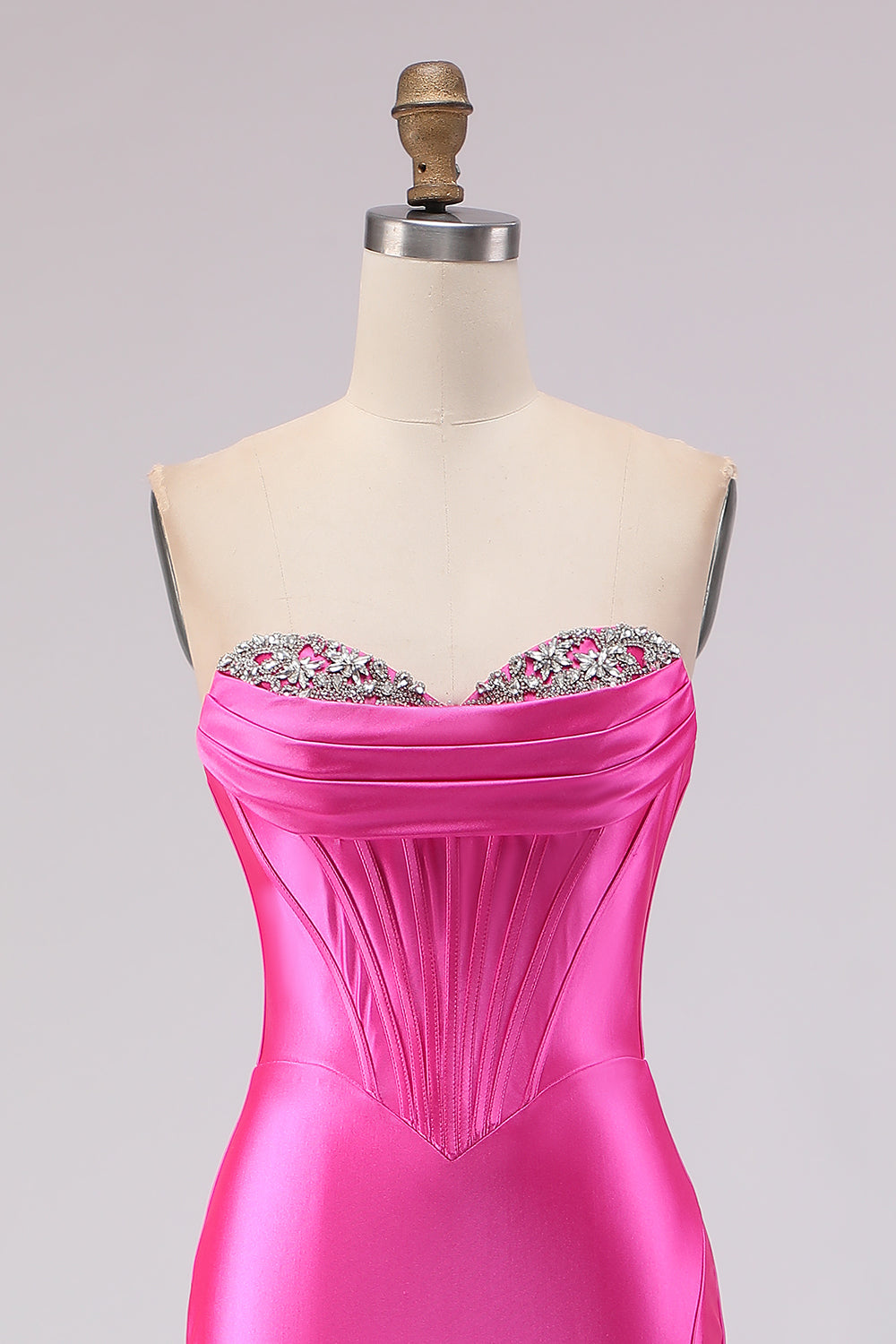 Sparkly Fuchsia Satin Sweetheart Lace-Up Back Long Corset Prom Dress with Slit