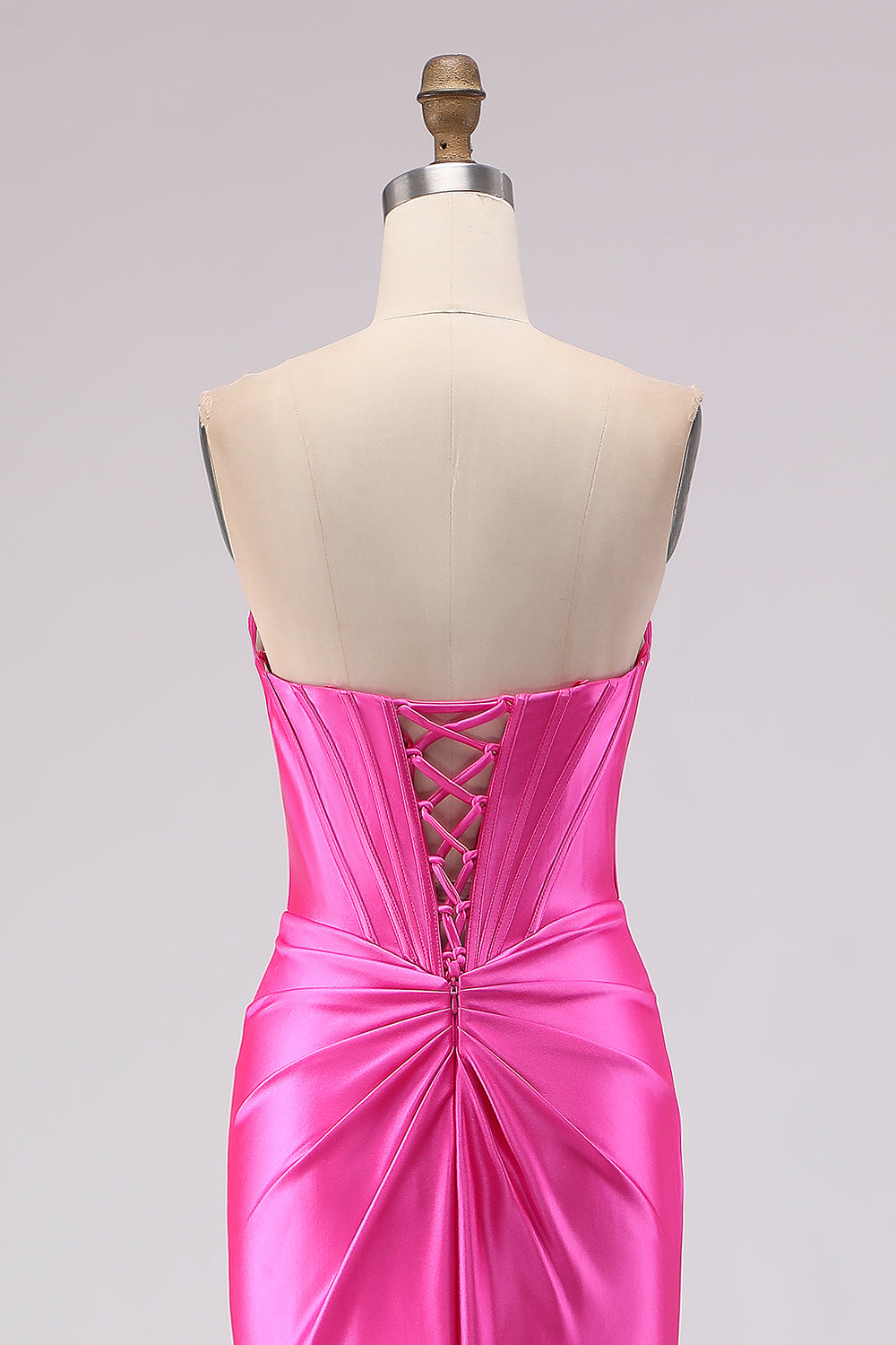 Sparkly Fuchsia Satin Sweetheart Lace-Up Back Long Corset Prom Dress with Slit