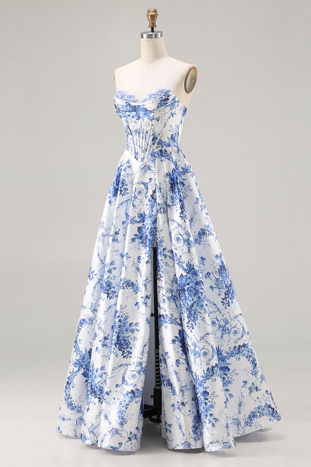 Floral Blue Ball Gown Strapless Long Corset Prom Dress with Slit