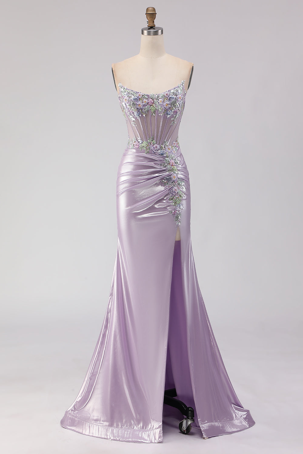 Sparkly Light Purple Mermaid Strapless Ruched Long Corset Prom Dress with Slit