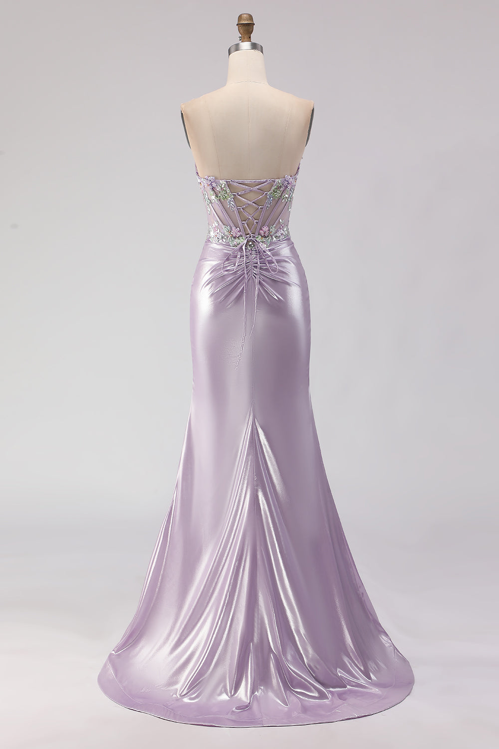 Sparkly Light Purple Mermaid Strapless Ruched Long Corset Prom Dress with Slit