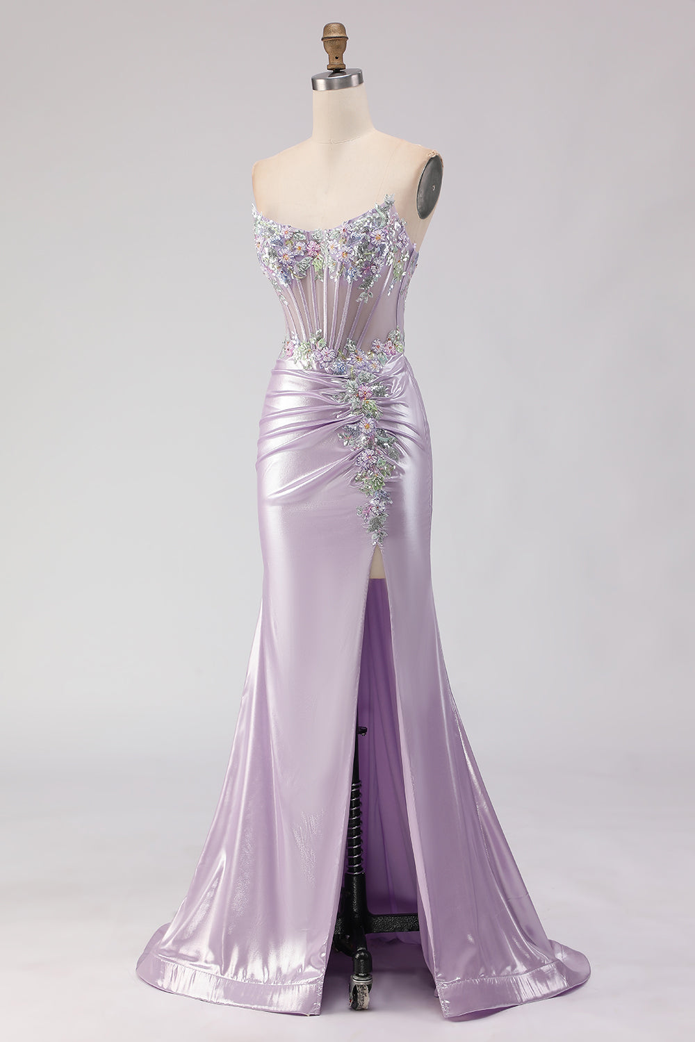 Sparkly Light Purple Mermaid Strapless Ruched Long Corset Prom Dress with Slit